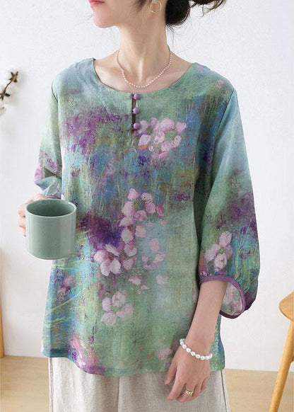 Plus Size Purple Button Print Fall Three Quarter Sleeve Top