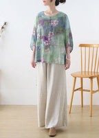 Plus Size Purple Button Print Fall Three Quarter Sleeve Top