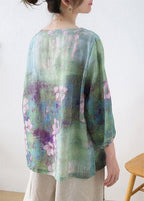 Plus Size Purple Button Print Fall Three Quarter Sleeve Top