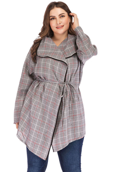 Plus Size Red Grey Striped Peter Pan Collar Tie Waist Trench Coats Fall