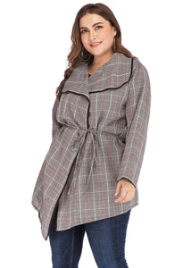 Plus Size Red Grey Striped Peter Pan Collar Tie Waist Trench Coats Fall