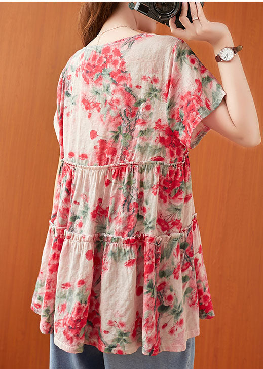 Plus Size Red Ruffled Print Cotton A Line Top Short Sleeve