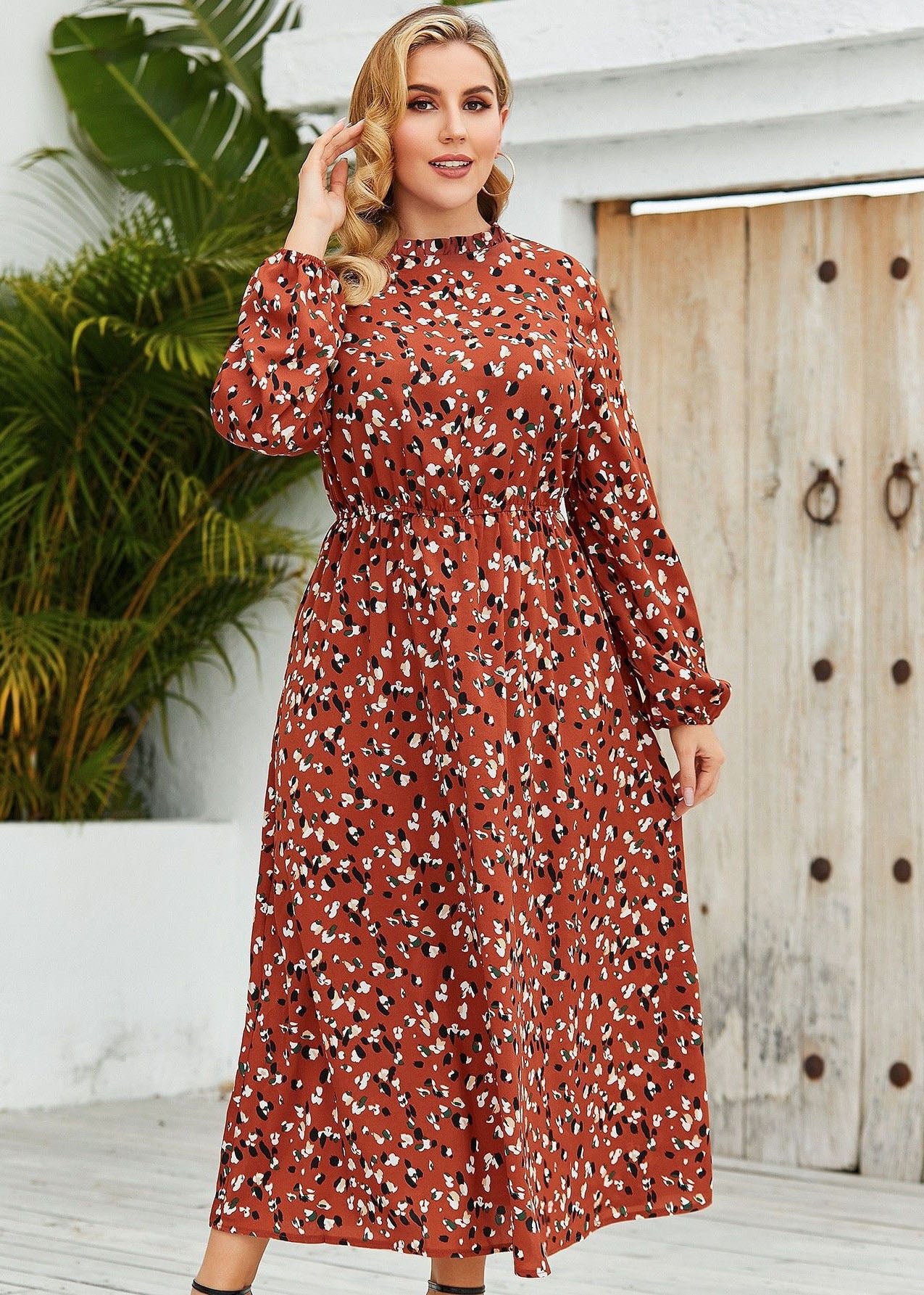 Plus Size Red Ruffled Print Patchwork Chiffon Long Dresses Fall