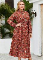 Plus Size Red Ruffled Print Patchwork Chiffon Long Dresses Fall