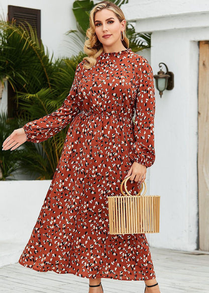 Plus Size Red Ruffled Print Patchwork Chiffon Long Dresses Fall