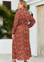 Plus Size Red Ruffled Print Patchwork Chiffon Long Dresses Fall