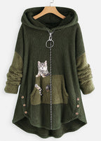 Plus Size Rubber Red Hooded Print Pockets Patchwork Teddy Faux Fur Coats Fall