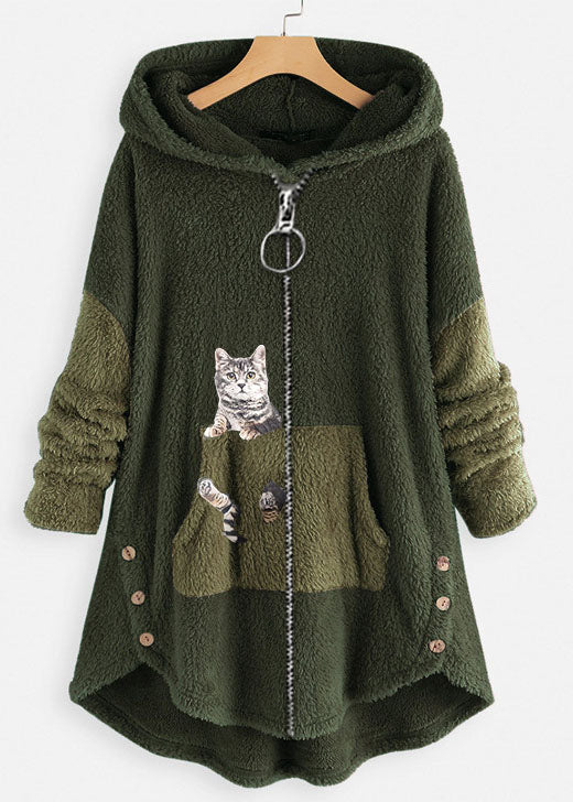 Plus Size Rubber Red Hooded Print Pockets Patchwork Teddy Faux Fur Coats Fall