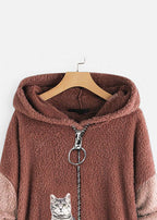 Plus Size Rubber Red Hooded Print Pockets Patchwork Teddy Faux Fur Coats Fall