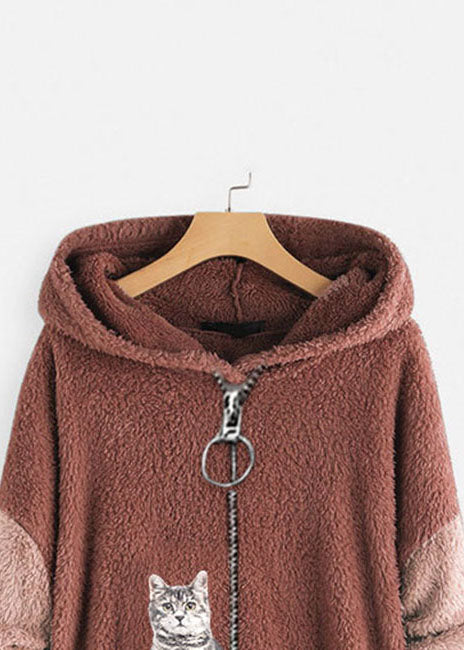 Plus Size Rubber Red Hooded Print Pockets Patchwork Teddy Faux Fur Coats Fall