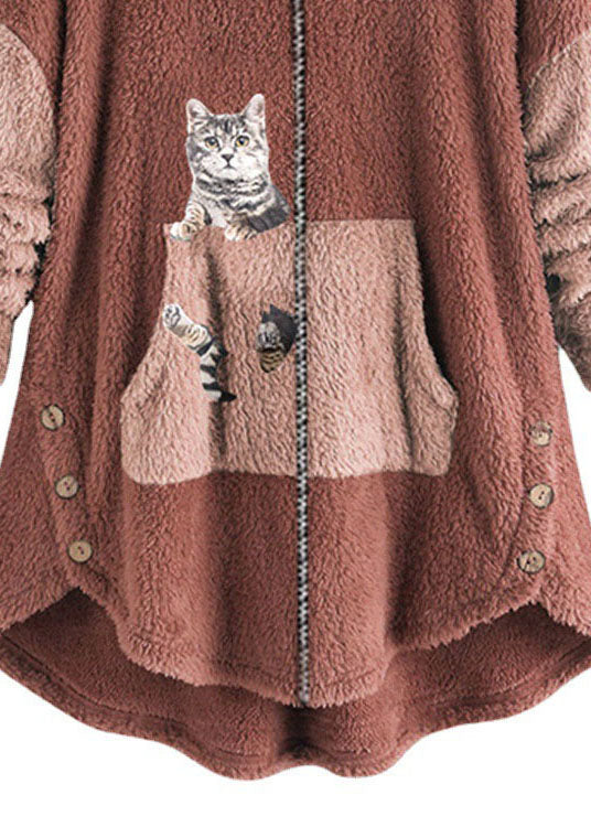 Plus Size Rubber Red Hooded Print Pockets Patchwork Teddy Faux Fur Coats Fall