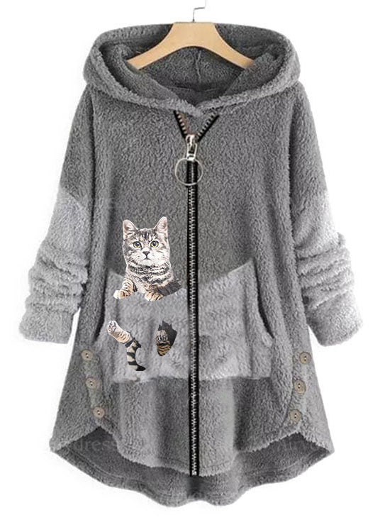 Plus Size Rubber Red Hooded Print Pockets Patchwork Teddy Faux Fur Coats Fall