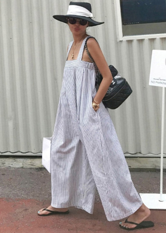 Plus Size Striped Pockets Wide Leg Jumpsuit Pants Summer