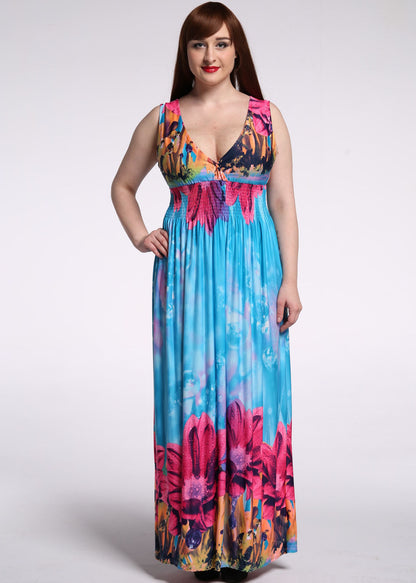 Plus Size Tie Dye Print Wrinkled Ice Size Maxi Dress Sleeveless