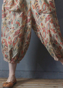 Plus Size V Neck Print Pockets Linen Jumpsuit Half Sleeve