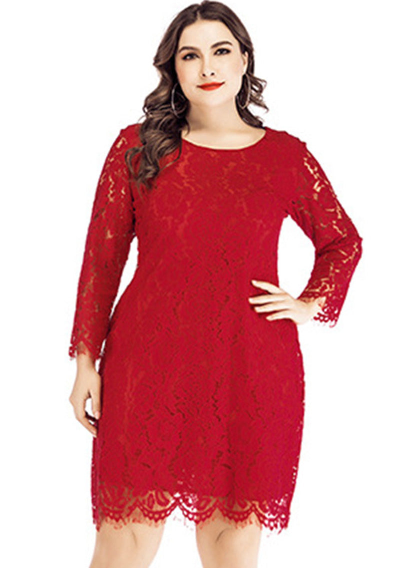 Plus Size White O-Neck Lace Mid Dresses Long Sleeve