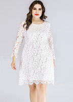 Plus Size White O-Neck Lace Mid Dresses Long Sleeve