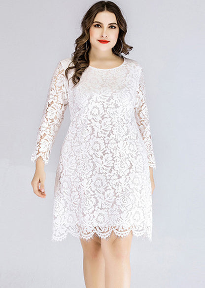 Plus Size White O-Neck Lace Mid Dresses Long Sleeve