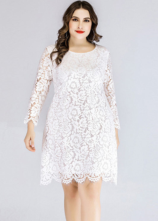 Plus Size White O-Neck Lace Mid Dresses Long Sleeve
