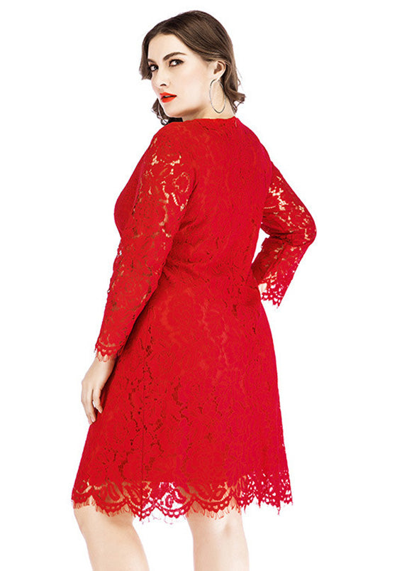 Plus Size White O-Neck Lace Mid Dresses Long Sleeve
