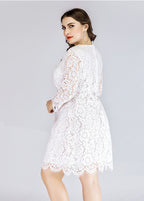 Plus Size White O-Neck Lace Mid Dresses Long Sleeve