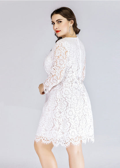 Plus Size White O-Neck Lace Mid Dresses Long Sleeve
