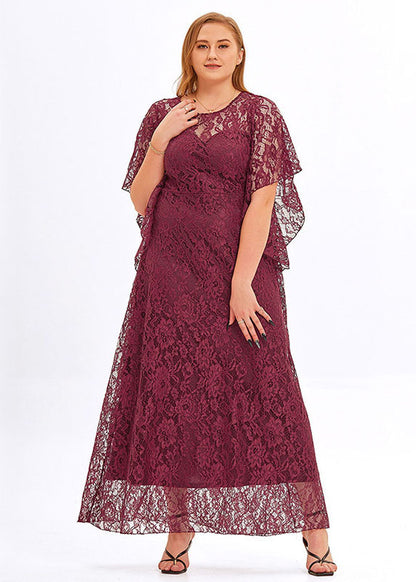 Plus Size Wine Red Hollow Out Patchwork Lace Long Dress Flare Sleeve