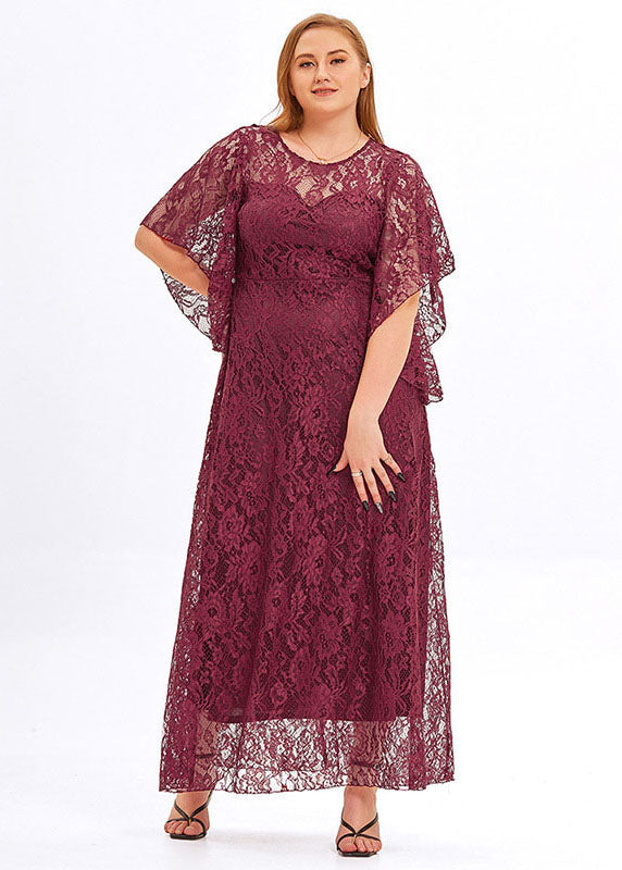 Plus Size Wine Red Hollow Out Patchwork Lace Long Dress Flare Sleeve