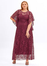 Load image into Gallery viewer, Plus Size Wine Red Hollow Out Patchwork Lace Long Dress Flare Sleeve