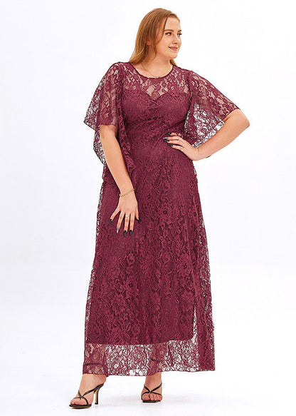 Plus Size Wine Red Hollow Out Patchwork Lace Long Dress Flare Sleeve