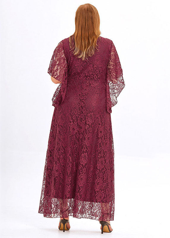 Plus Size Wine Red Hollow Out Patchwork Lace Long Dress Flare Sleeve