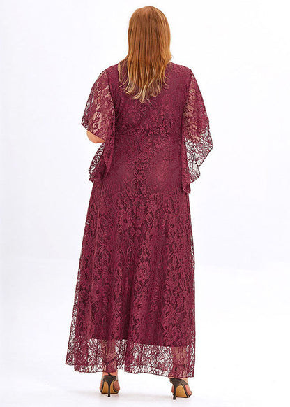 Plus Size Wine Red Hollow Out Patchwork Lace Long Dress Flare Sleeve