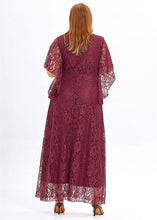 Load image into Gallery viewer, Plus Size Wine Red Hollow Out Patchwork Lace Long Dress Flare Sleeve