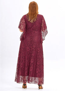 Plus Size Wine Red Hollow Out Patchwork Lace Long Dress Flare Sleeve