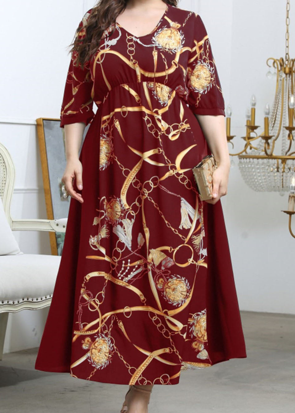 Plus Size Wine Red V Neck Print Wrinkled Chiffon Long Dresses Summer