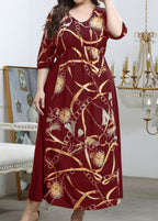 Plus Size Wine Red V Neck Print Wrinkled Chiffon Long Dresses Summer