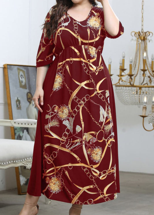 Plus Size Wine Red V Neck Print Wrinkled Chiffon Long Dresses Summer