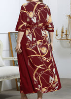 Plus Size Wine Red V Neck Print Wrinkled Chiffon Long Dresses Summer