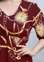 Plus Size Wine Red V Neck Print Wrinkled Chiffon Long Dresses Summer