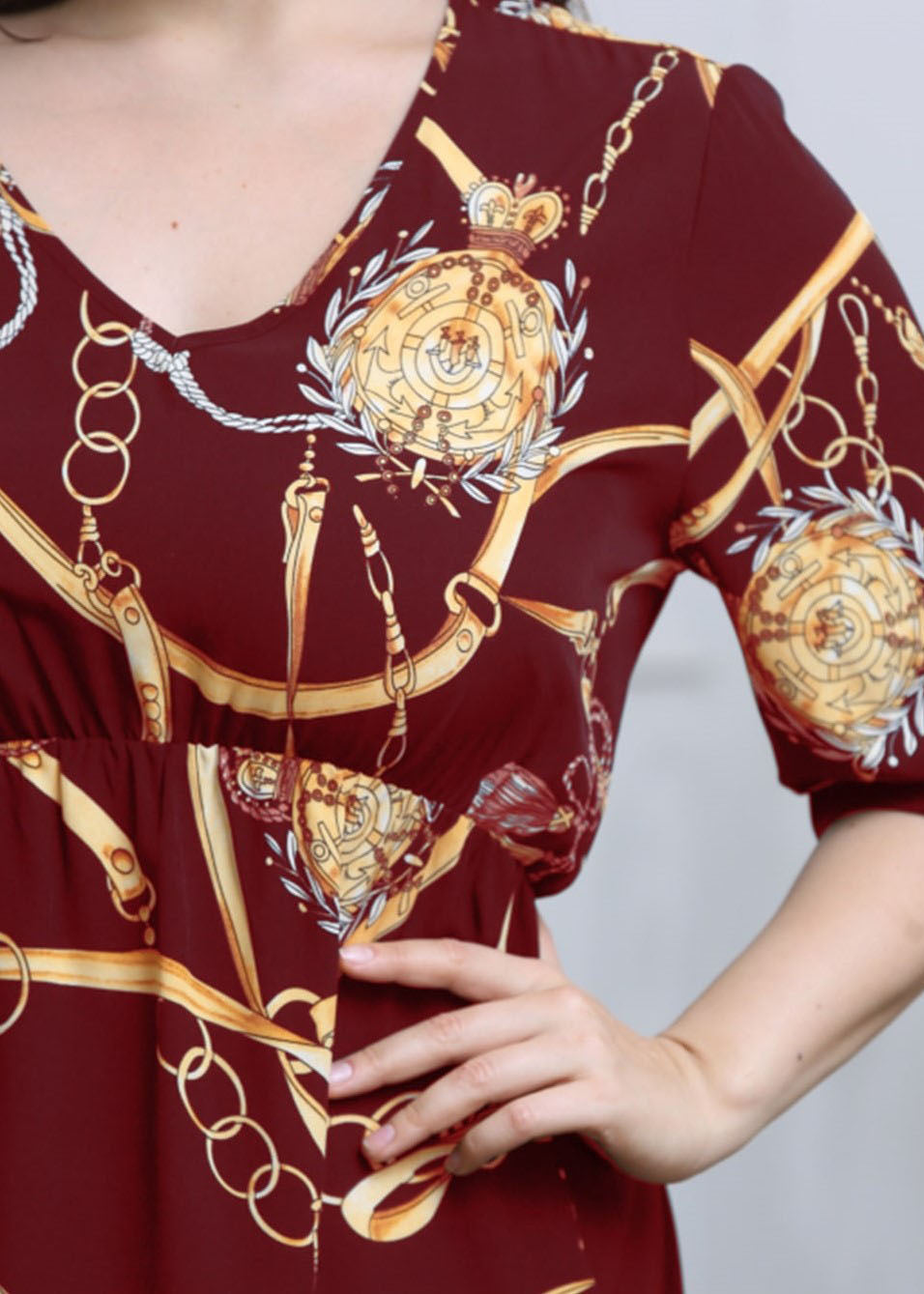 Plus Size Wine Red V Neck Print Wrinkled Chiffon Long Dresses Summer