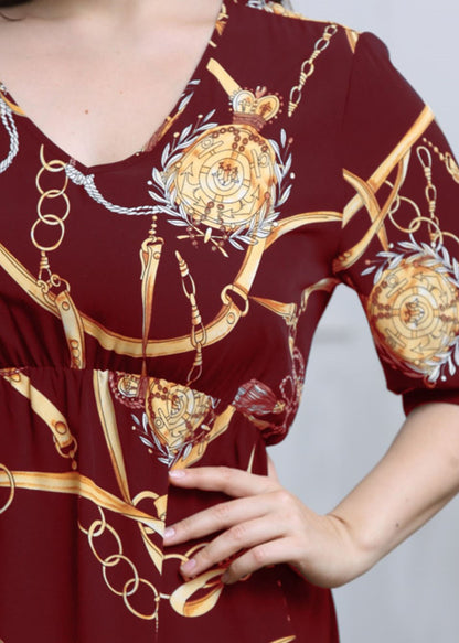 Plus Size Wine Red V Neck Print Wrinkled Chiffon Long Dresses Summer