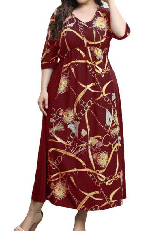 Plus Size Wine Red V Neck Print Wrinkled Chiffon Long Dresses Summer