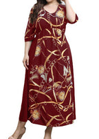Plus Size Wine Red V Neck Print Wrinkled Chiffon Long Dresses Summer