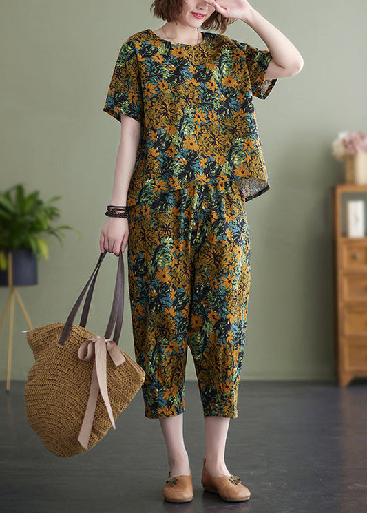 Plus Size Yellow O-Neck Print Cotton Two Piece Set Women Clothing Summer