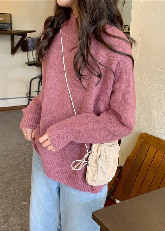 Pullover pink knitted pullover high neck plus size knitwear