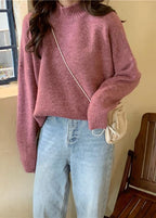 Pullover pink knitted pullover high neck plus size knitwear