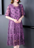 Purple Hollow Out Tulle Holiday Dress Embroideried Nail Bead Summer