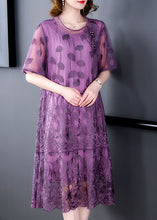 Load image into Gallery viewer, Purple Hollow Out Tulle Holiday Dress Embroideried Nail Bead Summer