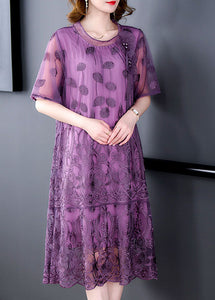 Purple Hollow Out Tulle Holiday Dress Embroideried Nail Bead Summer