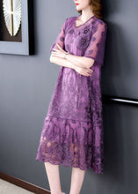 Load image into Gallery viewer, Purple Hollow Out Tulle Holiday Dress Embroideried Nail Bead Summer